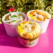 Maple Oats & Chia Bowl · Maple almond milk overnight oats & chia with local fruit, coconut flakes & honey