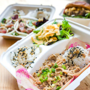 Kalua Pig Plate · Hawaiian style pork, purple potato salad, 2 scoops rice, shoyu & furikake