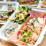 Shoyu Chicken · Slow cooked chicken thighs, 2 scoops rice, shoyu, furikake, local mixed greens, miso mayo & crispy wontons