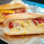 Hot Dog · All beef hot dog on a sesame bun. Choose ketchup, mustard, relish, onions, miso mayo. Make it a fully loaded chili dog $12